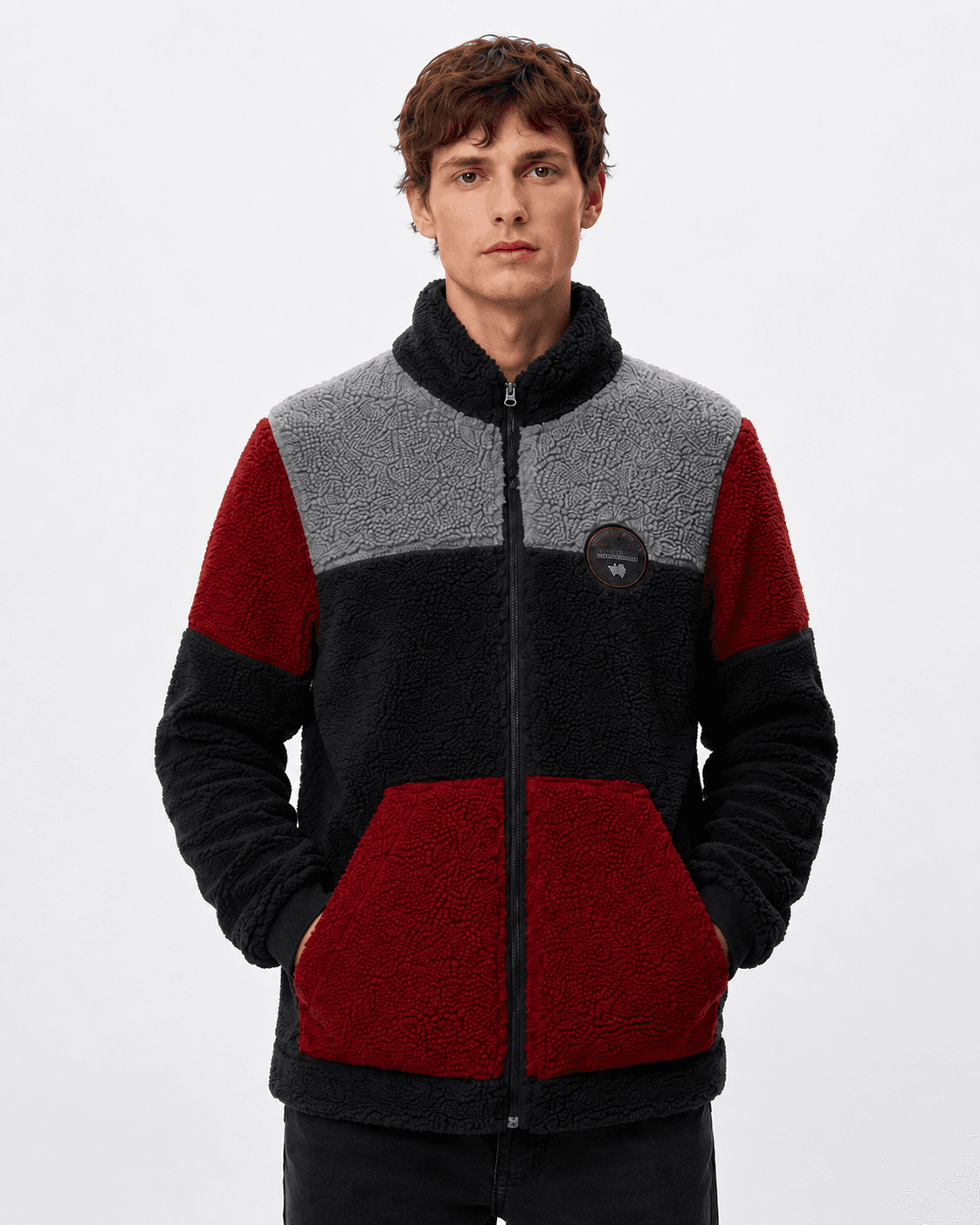 Vintage Napapijri Geographic Colorblock Sherpa Fleece Jacket – Black / Red / Grey